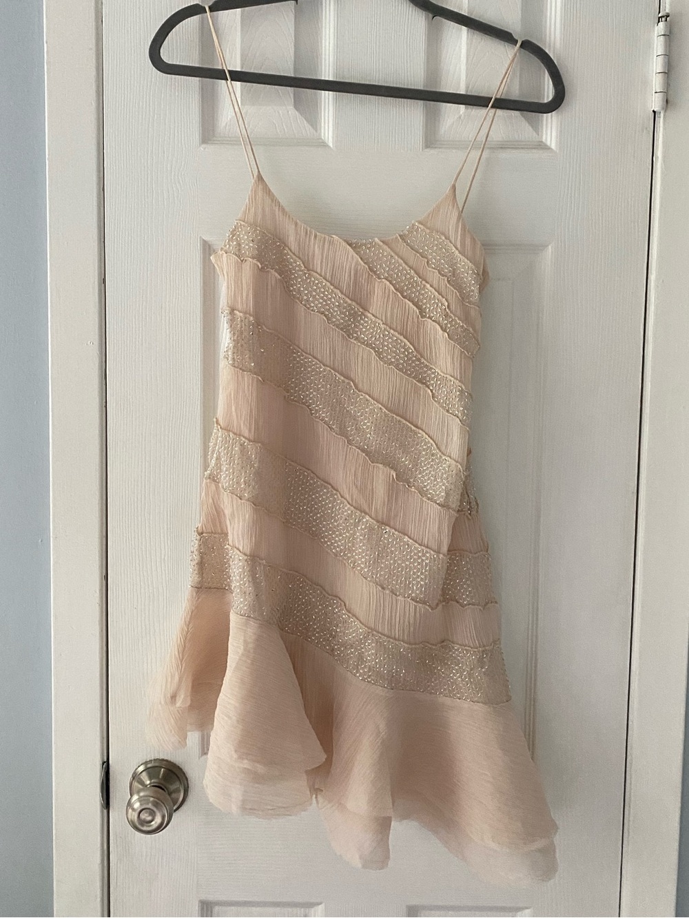 Zara Beaded Blush Slip Dress with Delicate Ruffle Hem